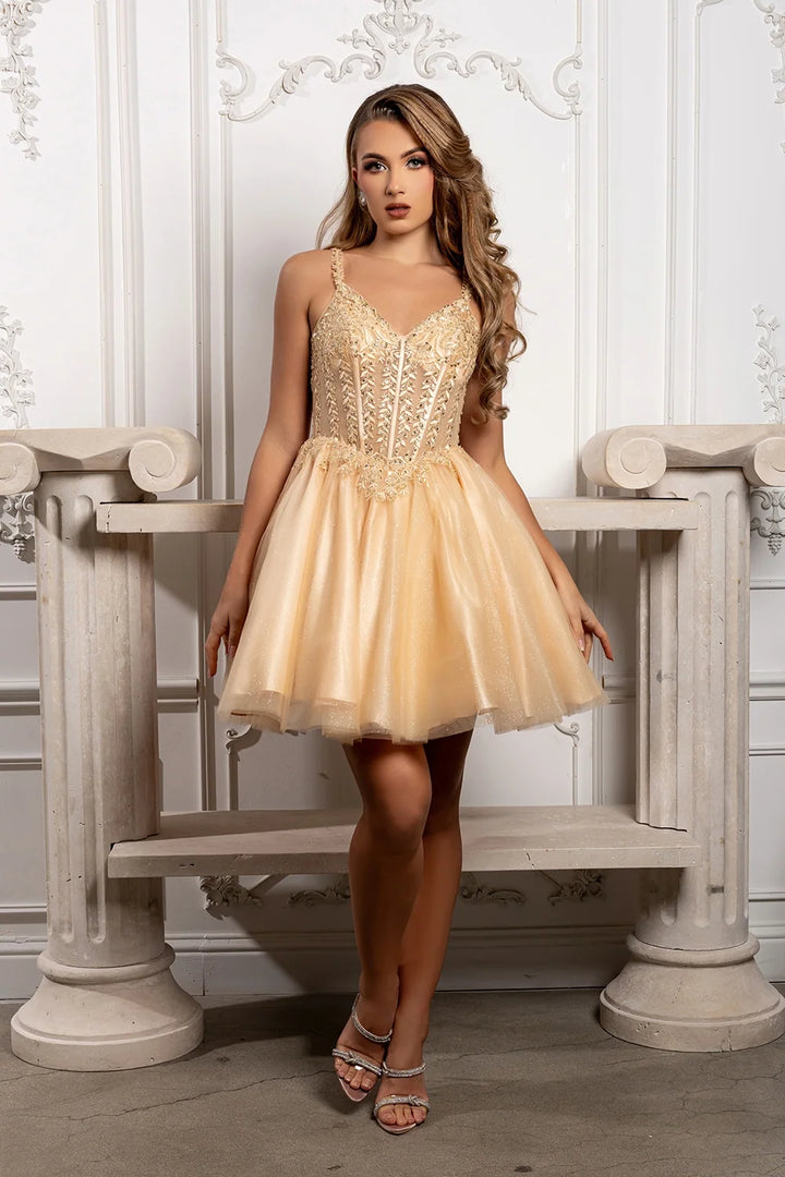 Beaded Short V-Neck A-line Dress by May Queen MQ2231