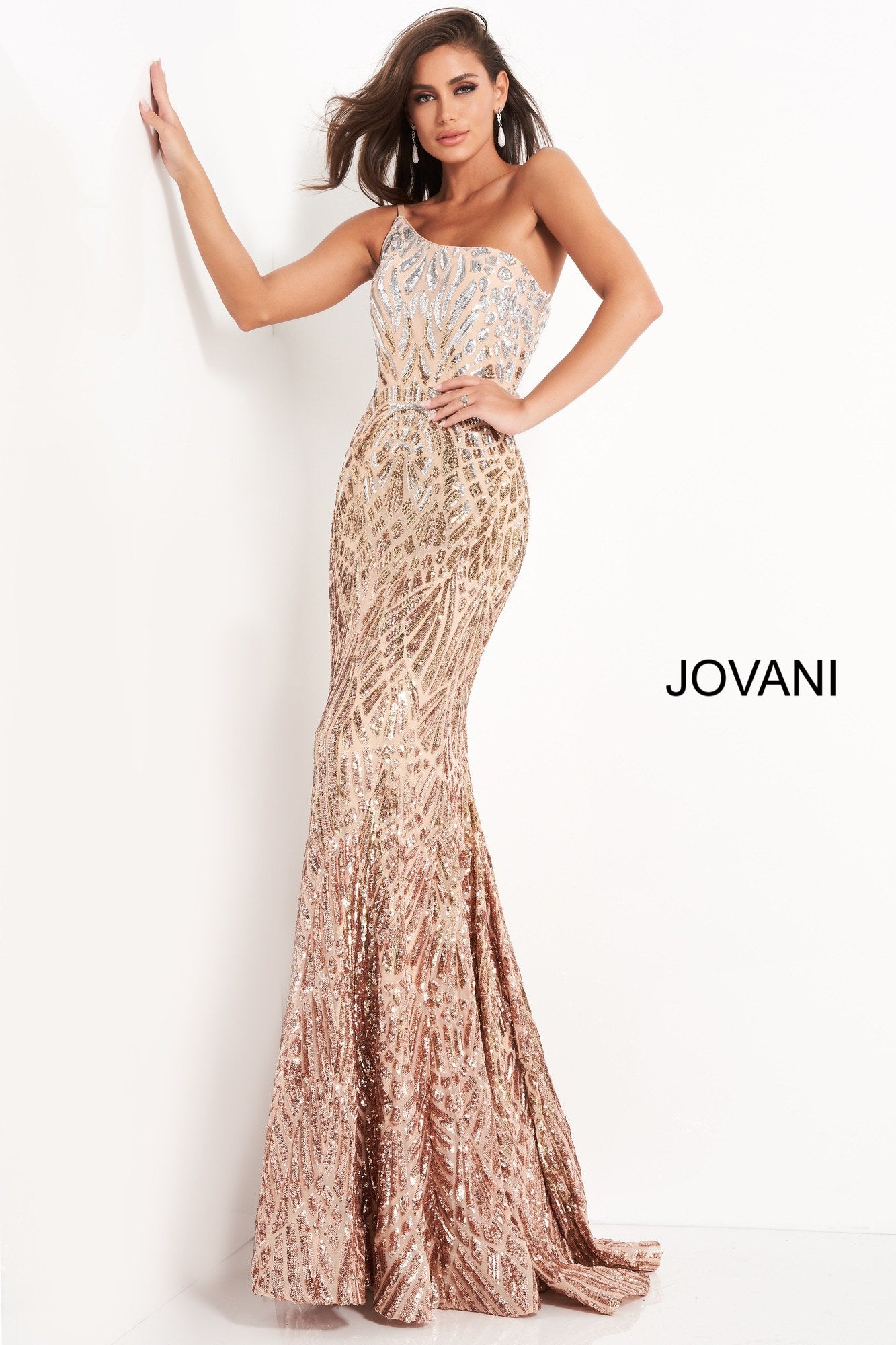 Sequin Fitted One Shoulder Gown by Jovani 06469 ABC Fashion
