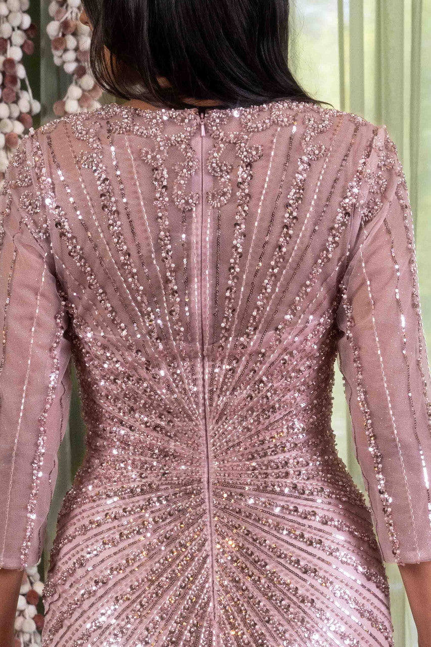 Beaded Fitted 3/4 Sleeve Gown by Lenovia 8473