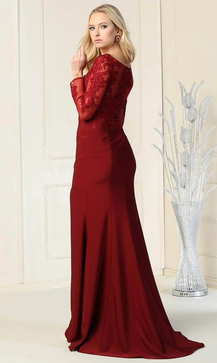 Applique Long Sleeve Slit Gown by May Queen RQ7913