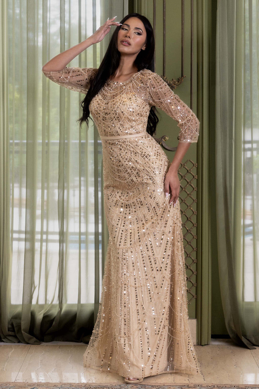 Beaded Fitted 3/4 Sleeve Gown by Lenovia 8395