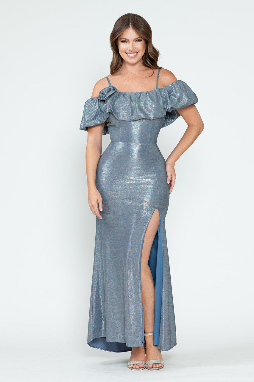 Metallic Cold Shoulder Slit Gown by Lenovia 5316
