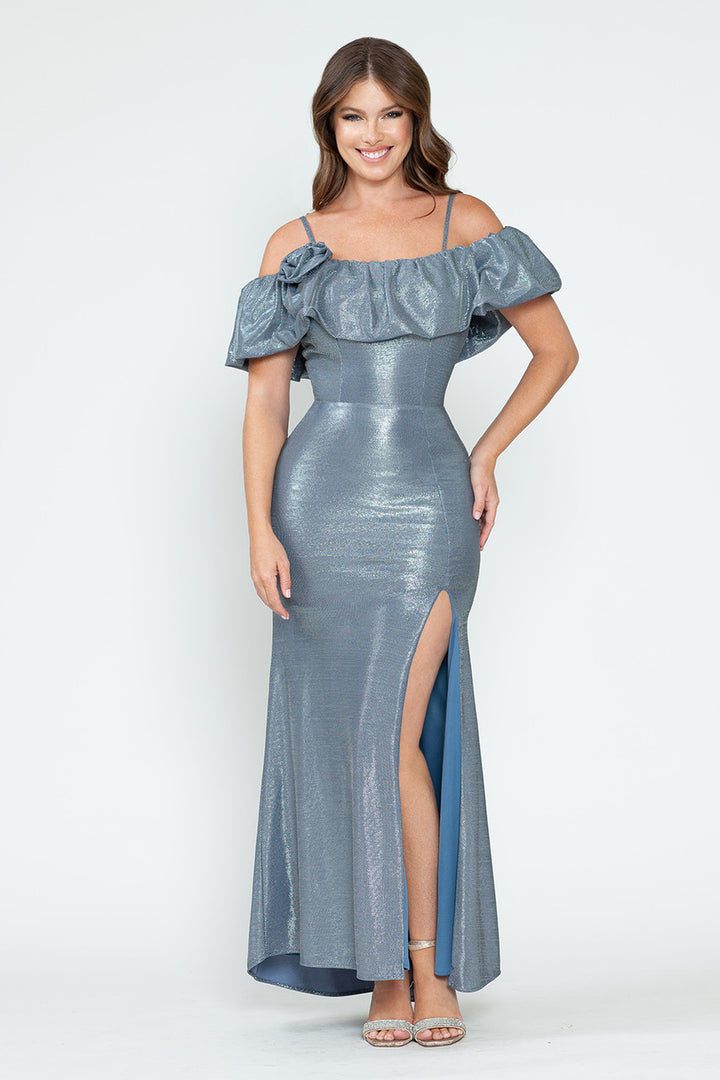 Metallic Cold Shoulder Slit Gown by Lenovia 5316