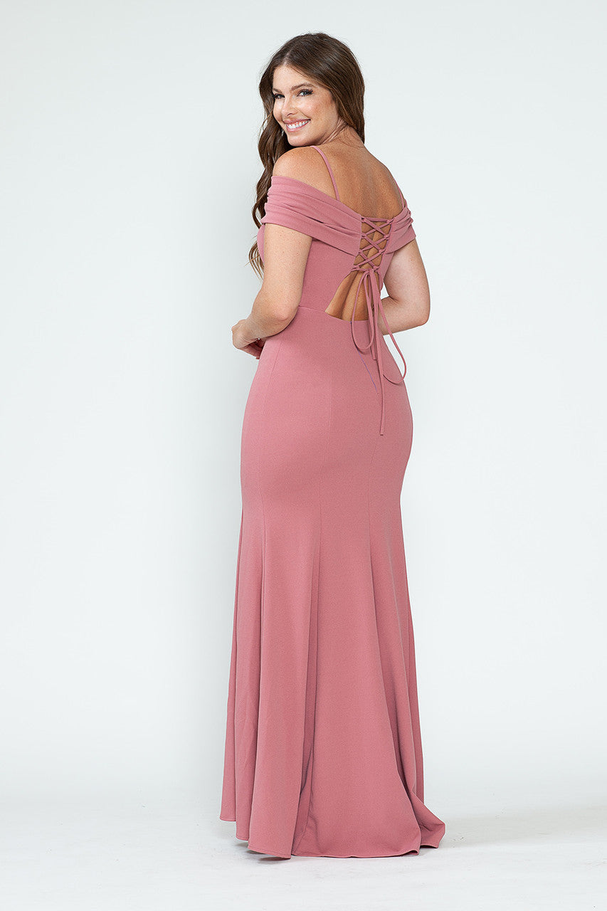 Crepe Fitted Off Shoulder Gown by Lenovia 5317