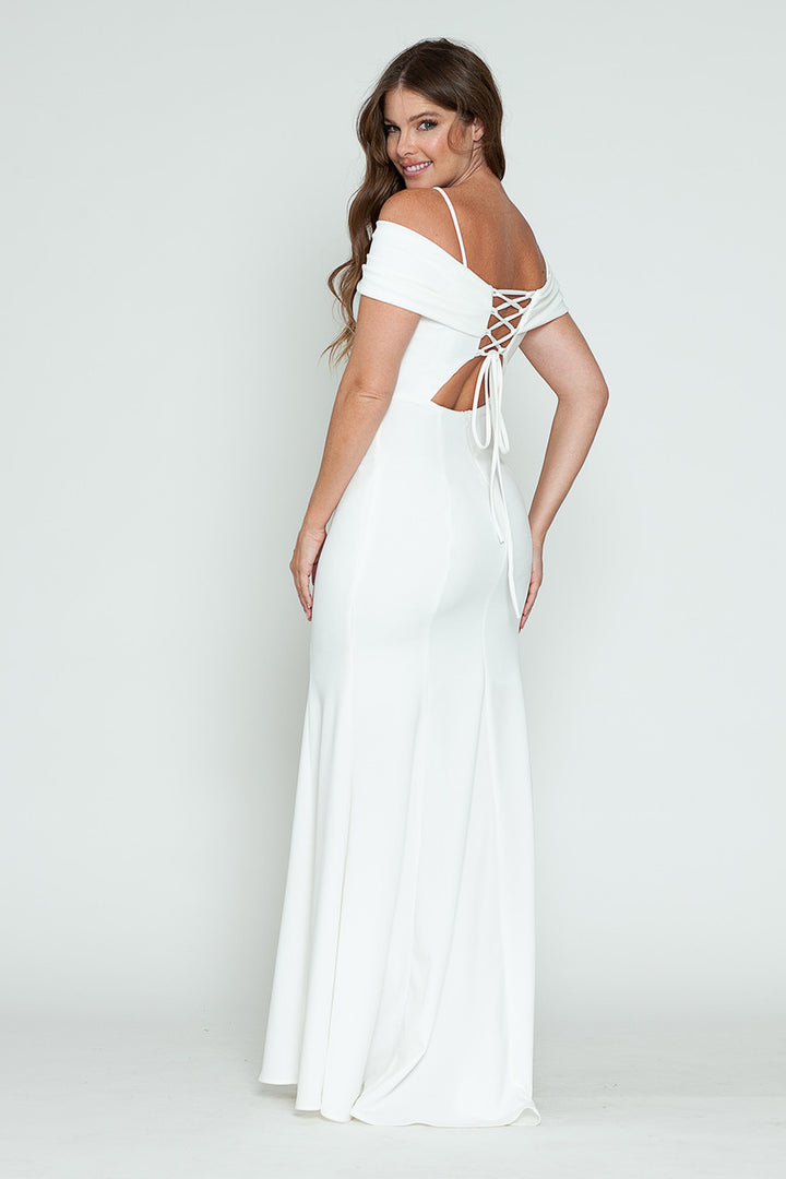 Crepe Fitted Off Shoulder Gown by Lenovia 5317