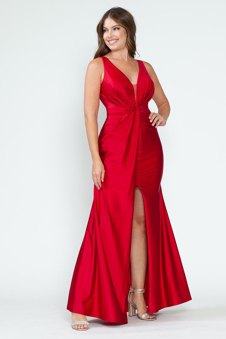 Satin Fitted Sleeveless Slit Gown by Lenovia 5319