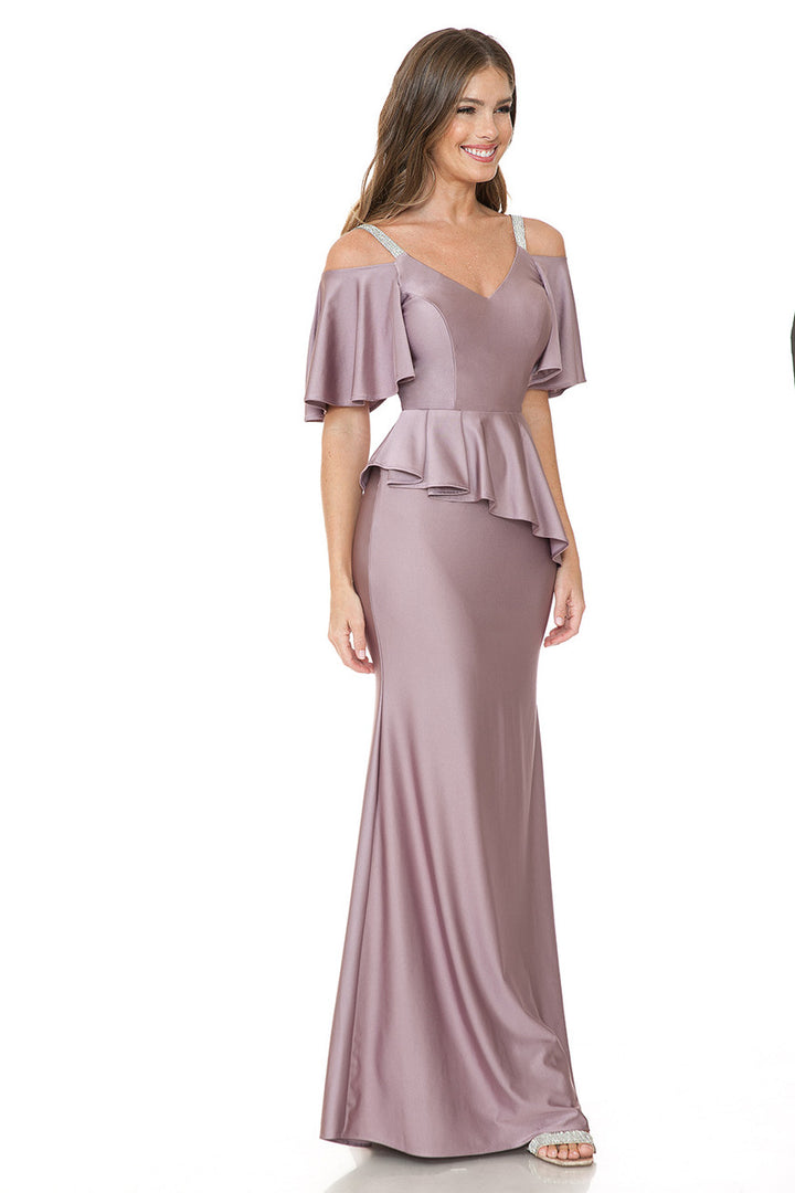 Fitted Cold Shoulder Peplum Gown by Lenovia 5282