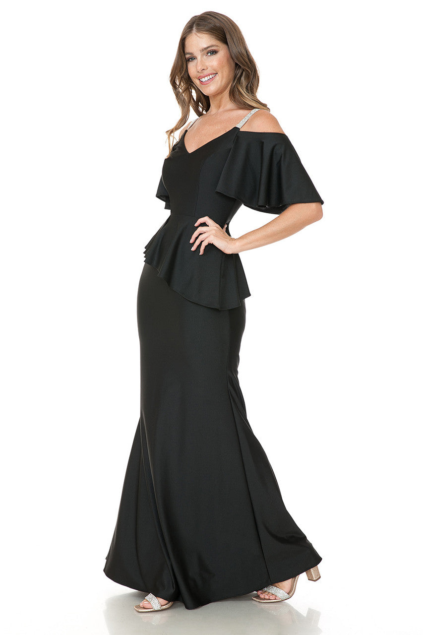 Fitted Cold Shoulder Peplum Gown by Lenovia 5282