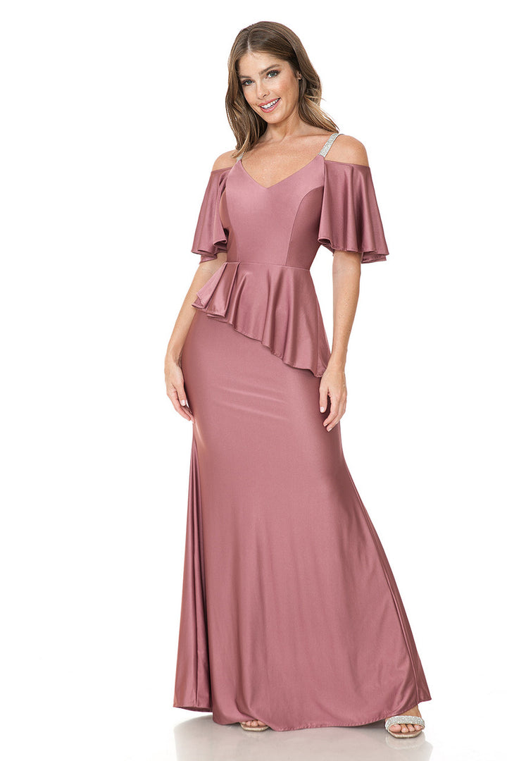 Fitted Cold Shoulder Peplum Gown by Lenovia 5282