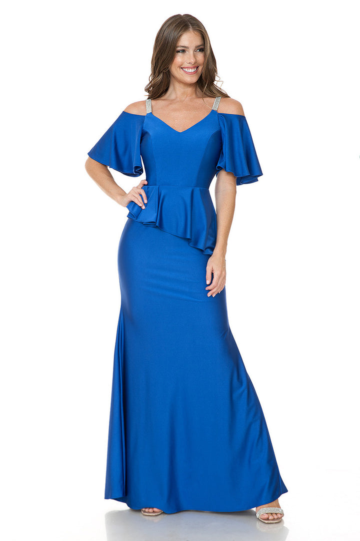Fitted Cold Shoulder Peplum Gown by Lenovia 5282