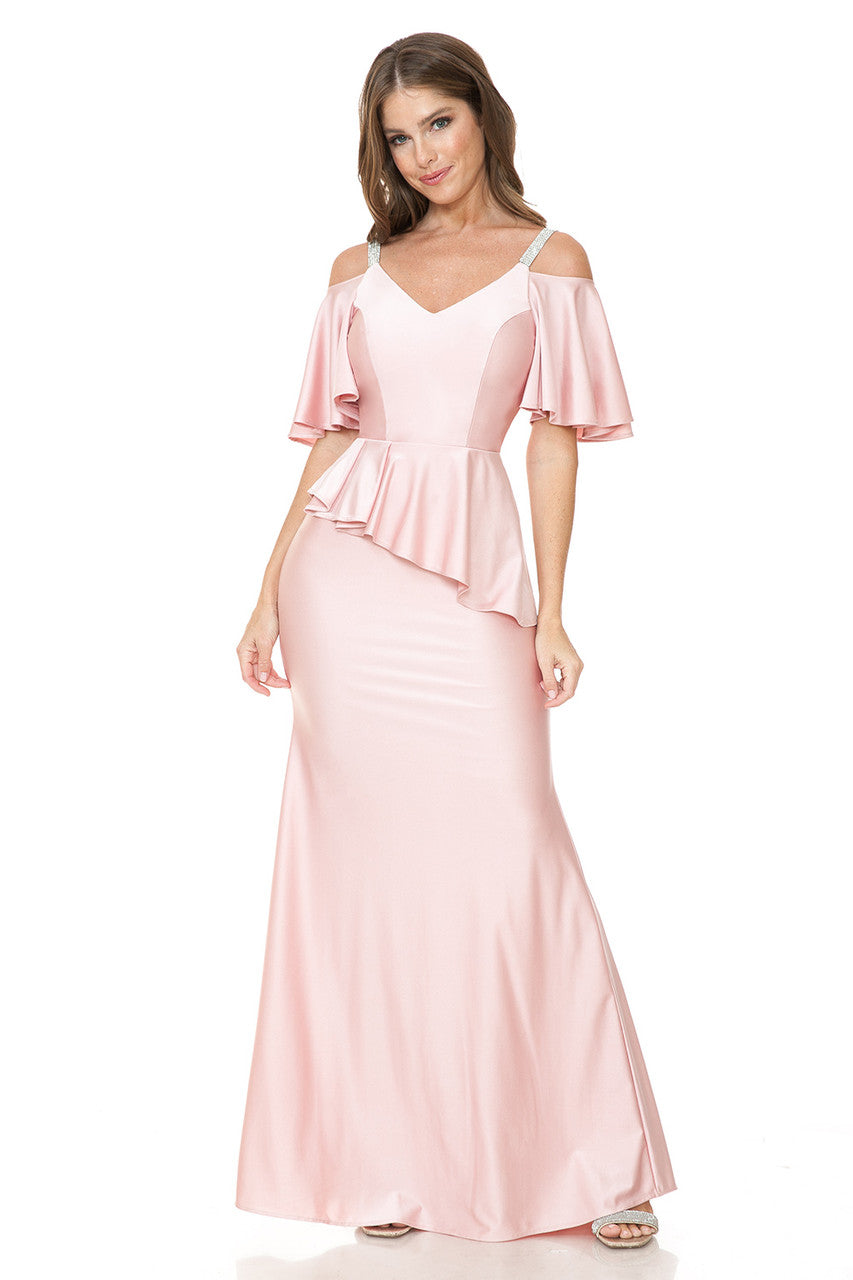 Fitted Cold Shoulder Peplum Gown by Lenovia 5282