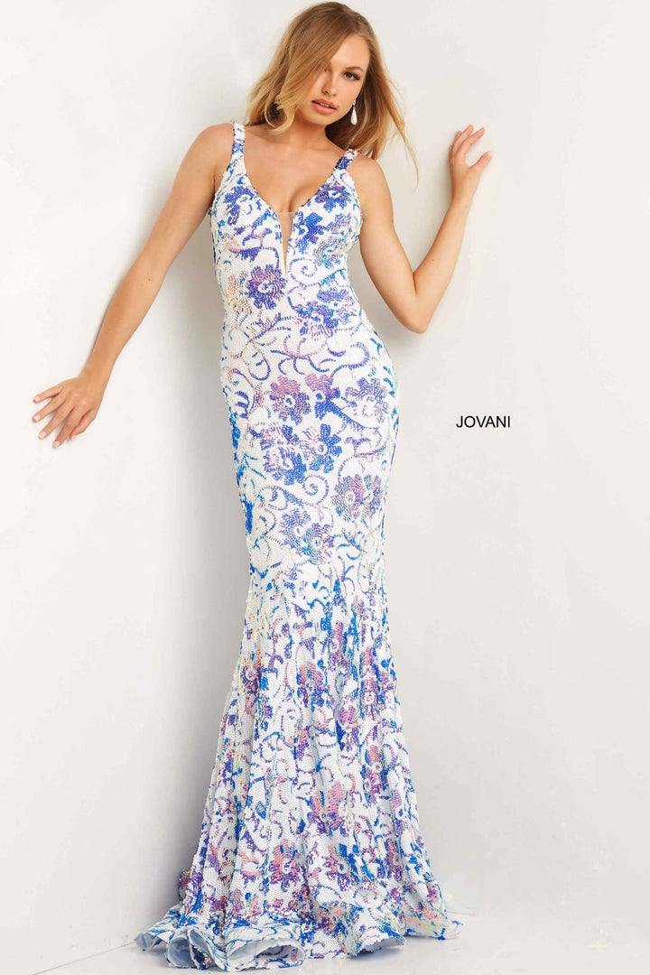 Sequin Print Fitted Sleeveless Gown by Jovani 08257