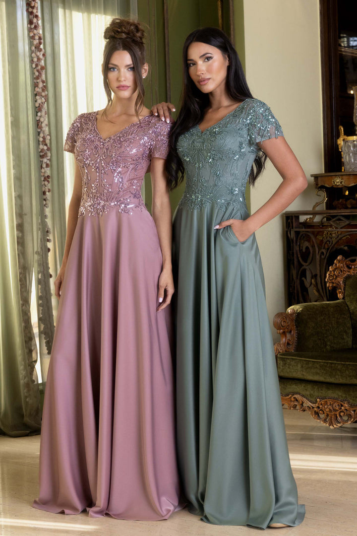Applique Satin Short Sleeve A-line Gown by Lenovia 8419