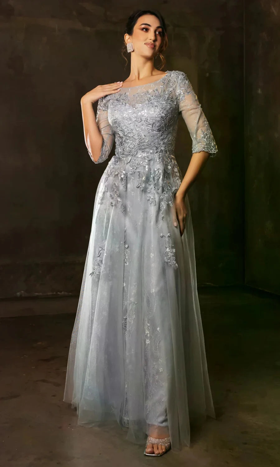 Applique Mid-Sleeve A-line Gown by May Queen MQ2143