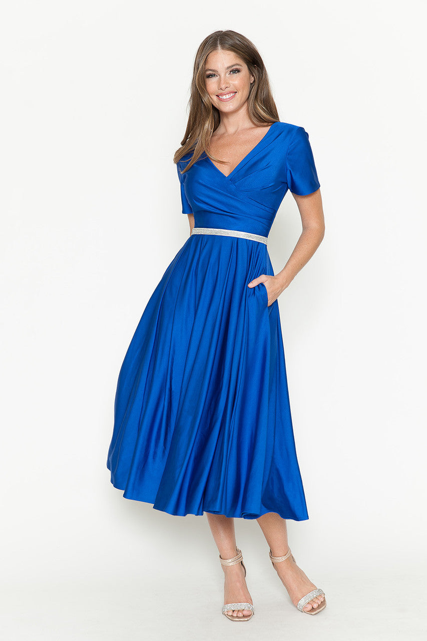 Satin Short Sleeve Tea Length Dress by Lenovia 5274