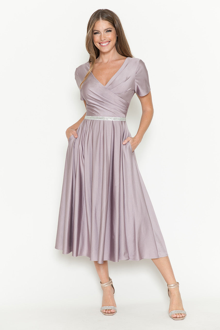 Satin Short Sleeve Tea Length Dress by Lenovia 5274