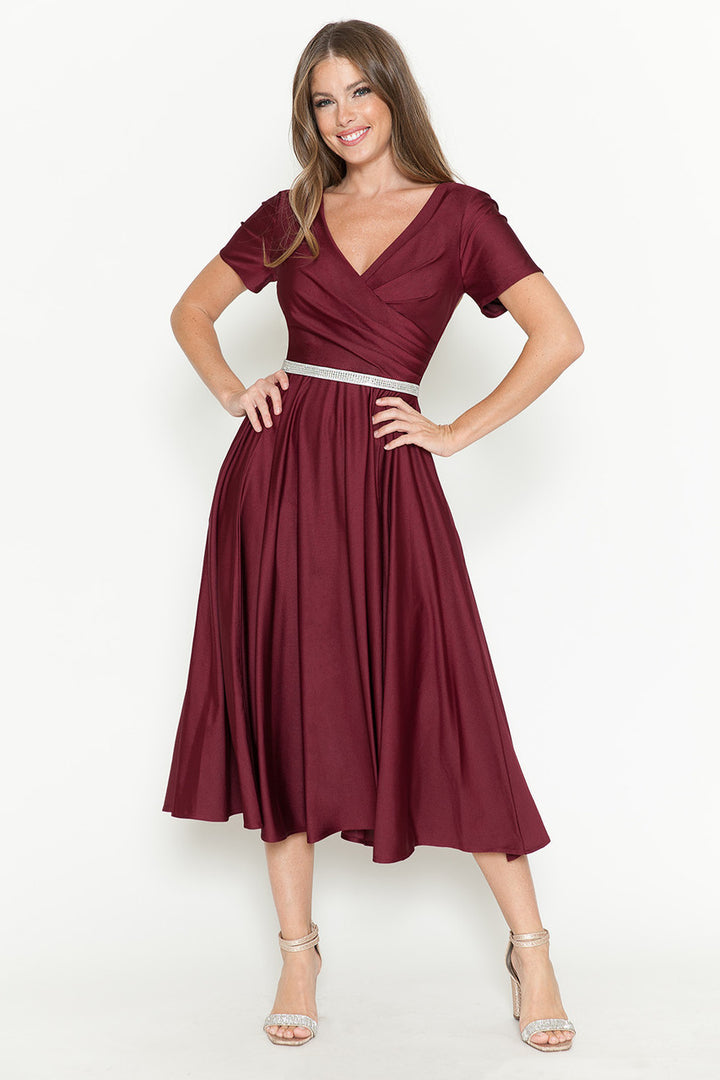 Satin Short Sleeve Tea Length Dress by Lenovia 5274