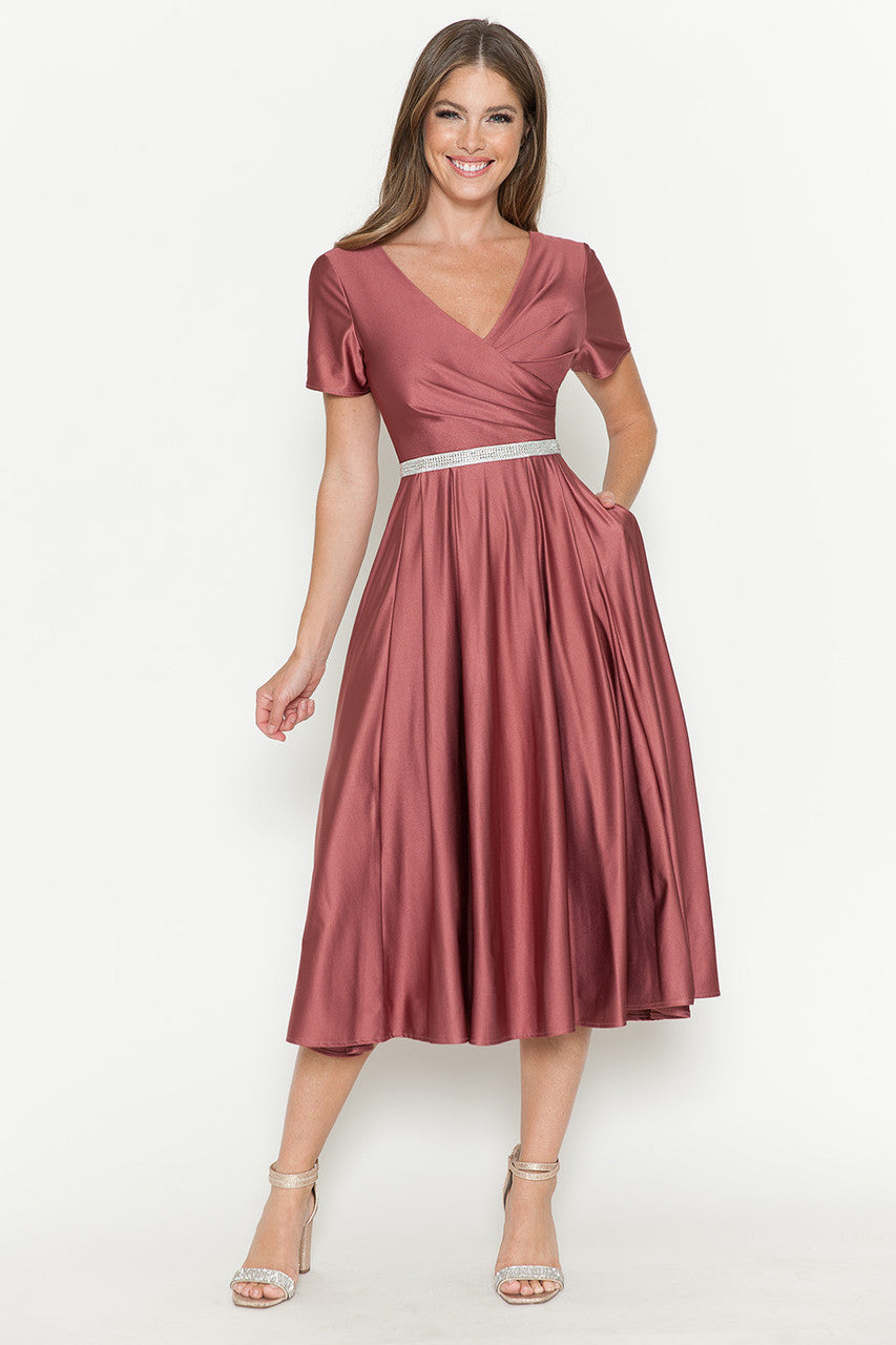 Satin Short Sleeve Tea Length Dress by Lenovia 5274