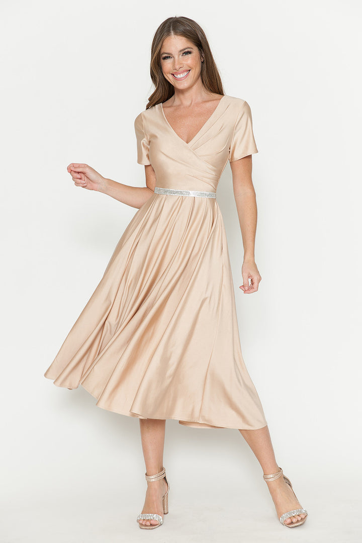 Satin Short Sleeve Tea Length Dress by Lenovia 5274