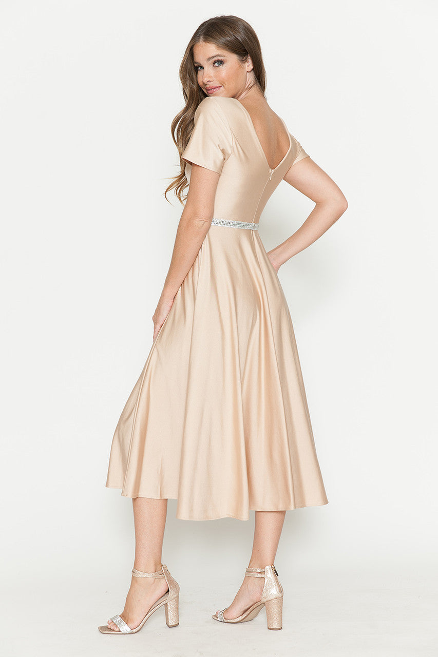 Satin Short Sleeve Tea Length Dress by Lenovia 5274