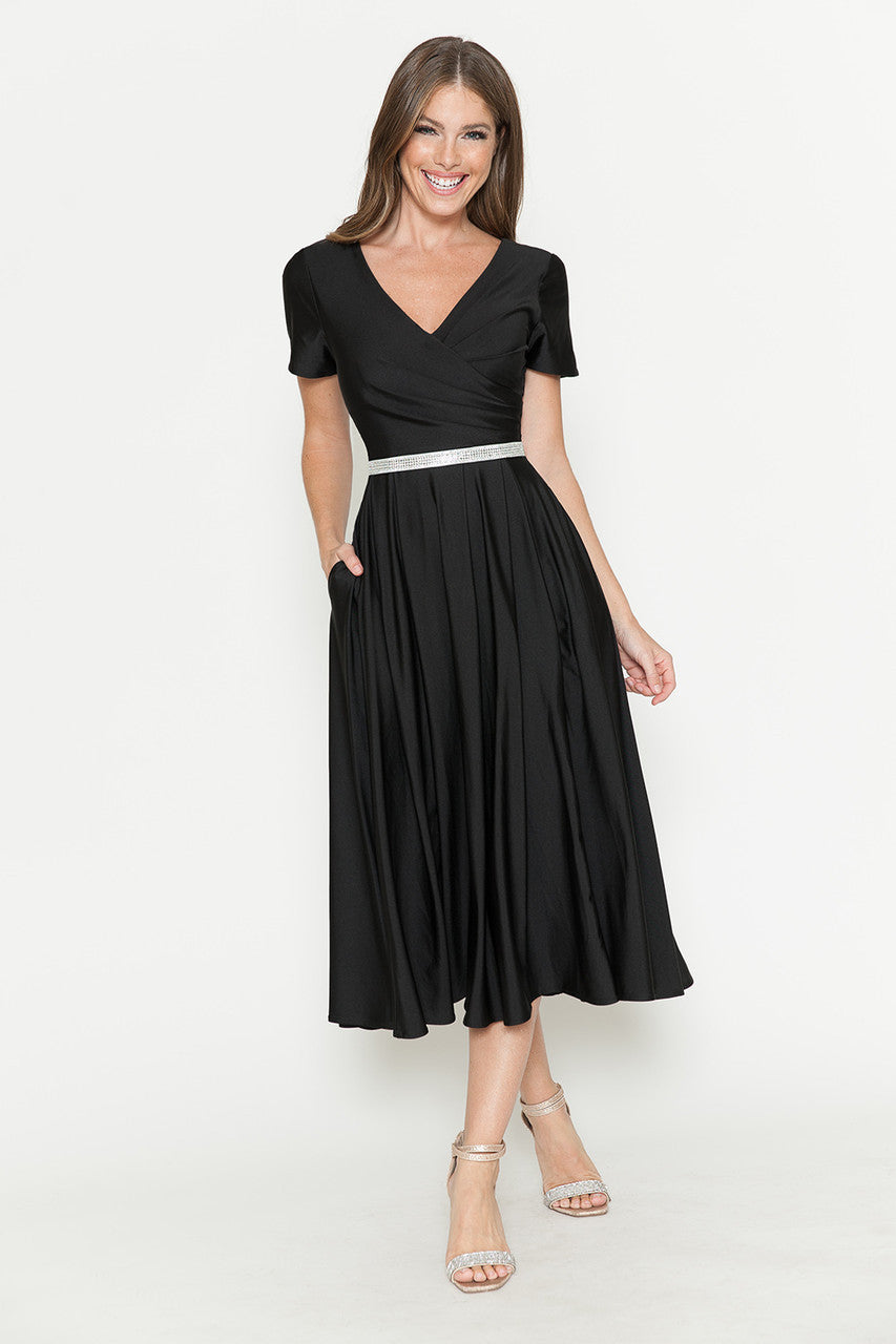 Satin Short Sleeve Tea Length Dress by Lenovia 5274