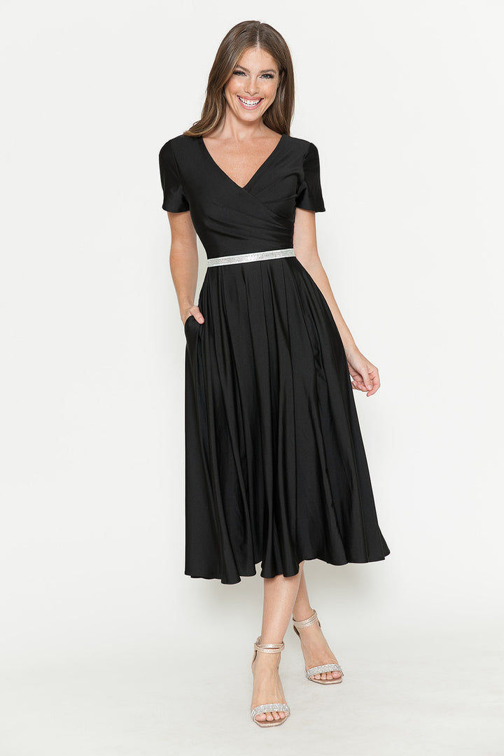 Satin Short Sleeve Tea Length Dress by Lenovia 5274