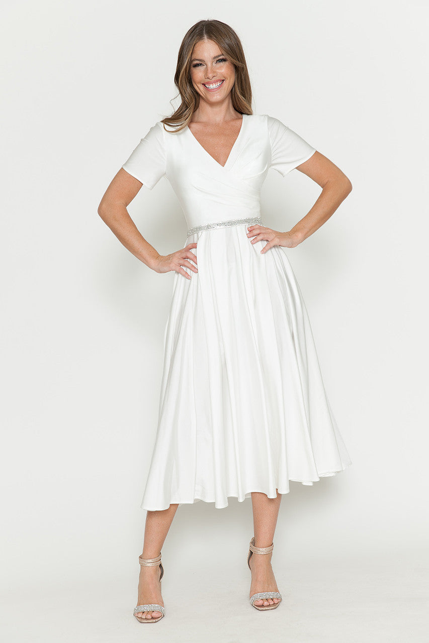 Satin Short Sleeve Tea Length Dress by Lenovia 5274