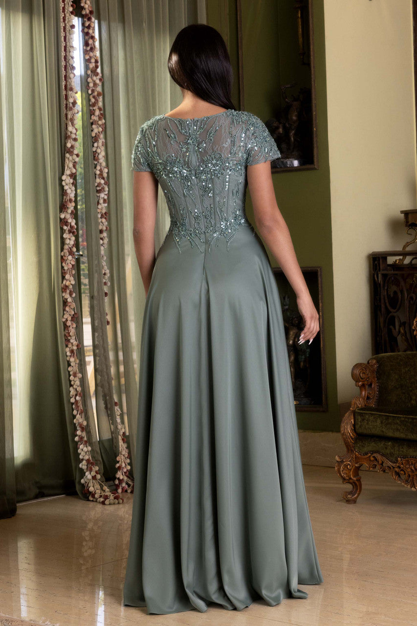 Applique Satin Short Sleeve A-line Gown by Lenovia 8419