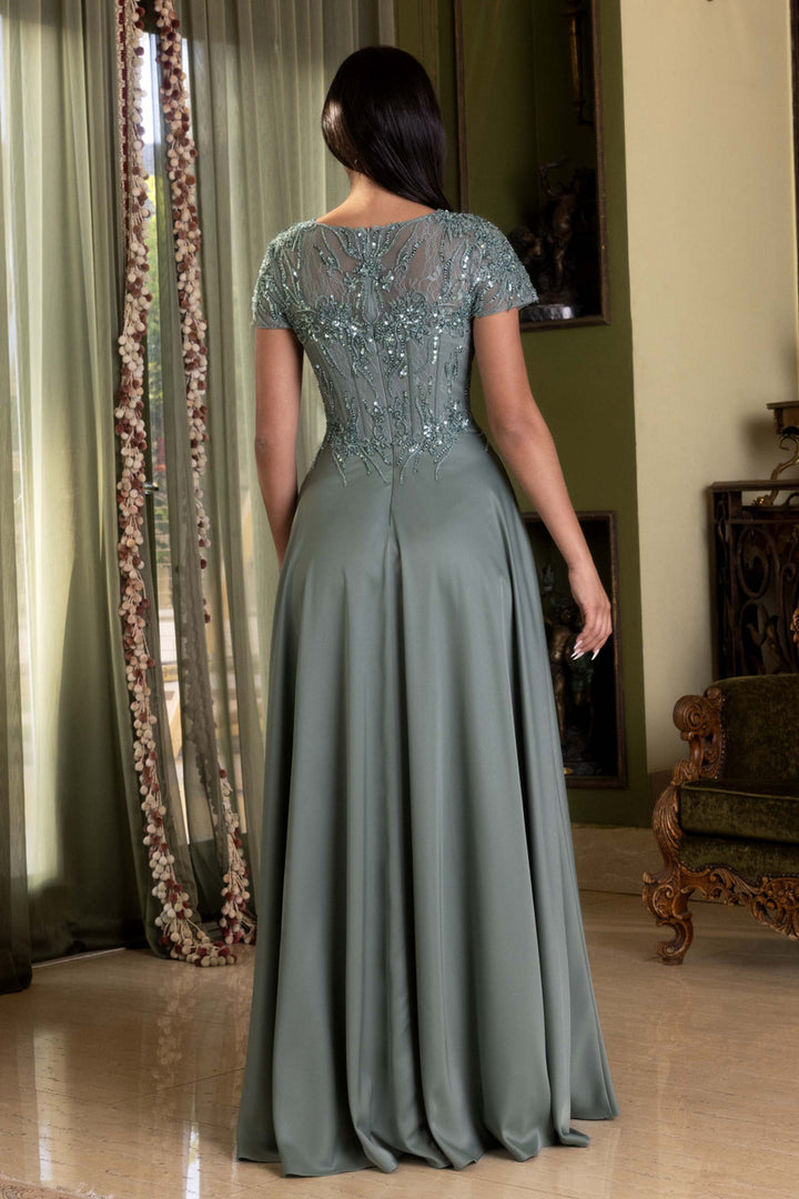 Applique Satin Short Sleeve A-line Gown by Lenovia 8419