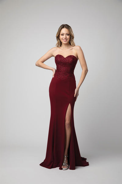 Embroidered Fitted Strapless Slit Gown by Juno 0930
