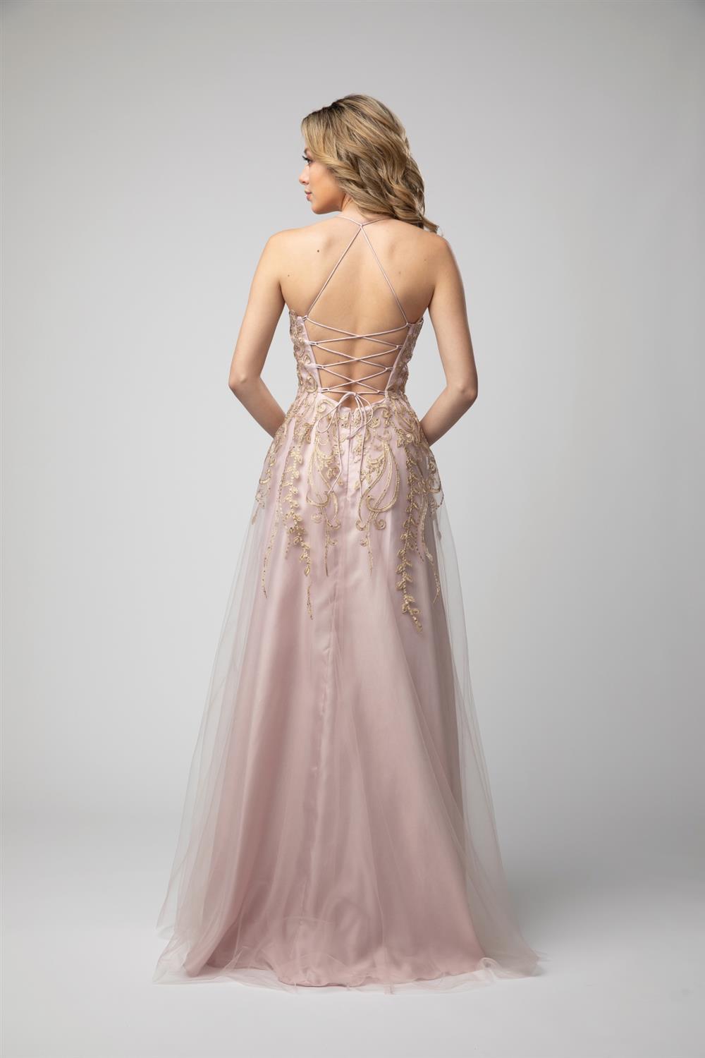 Embroidered Lace-Up Back A-line Slit Gown by Juno 0936