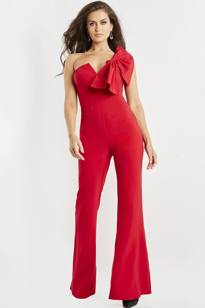 Crepe One Shoulder Bow Jumpsuit by Jovani 09525