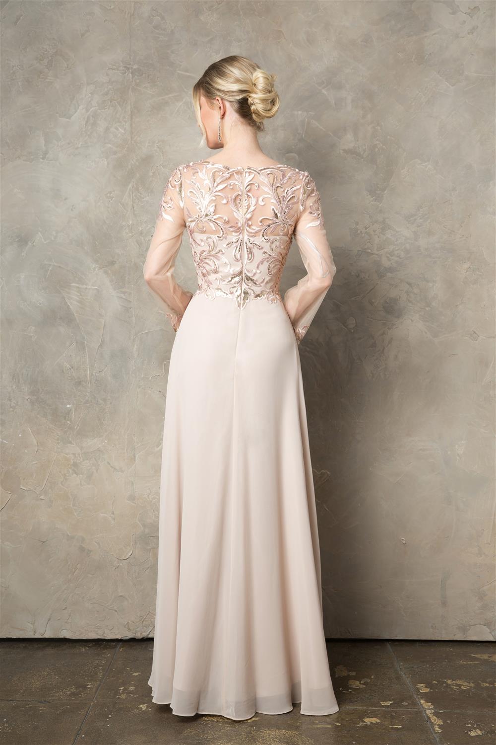 Sequin Embroidered Long Sleeve A-line Gown by Juno 0960