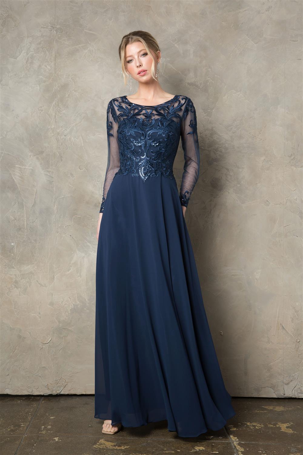 Sequin Embroidered Long Sleeve A-line Gown by Juno 0960