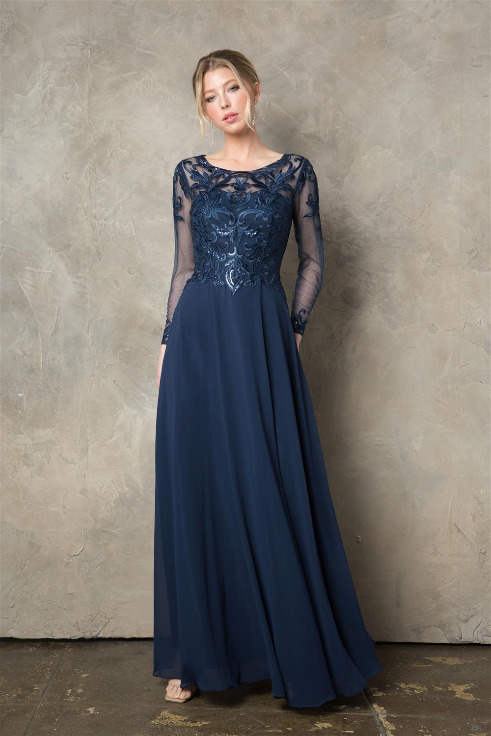 Sequin Embroidered Long Sleeve A-line Gown by Juno 0960