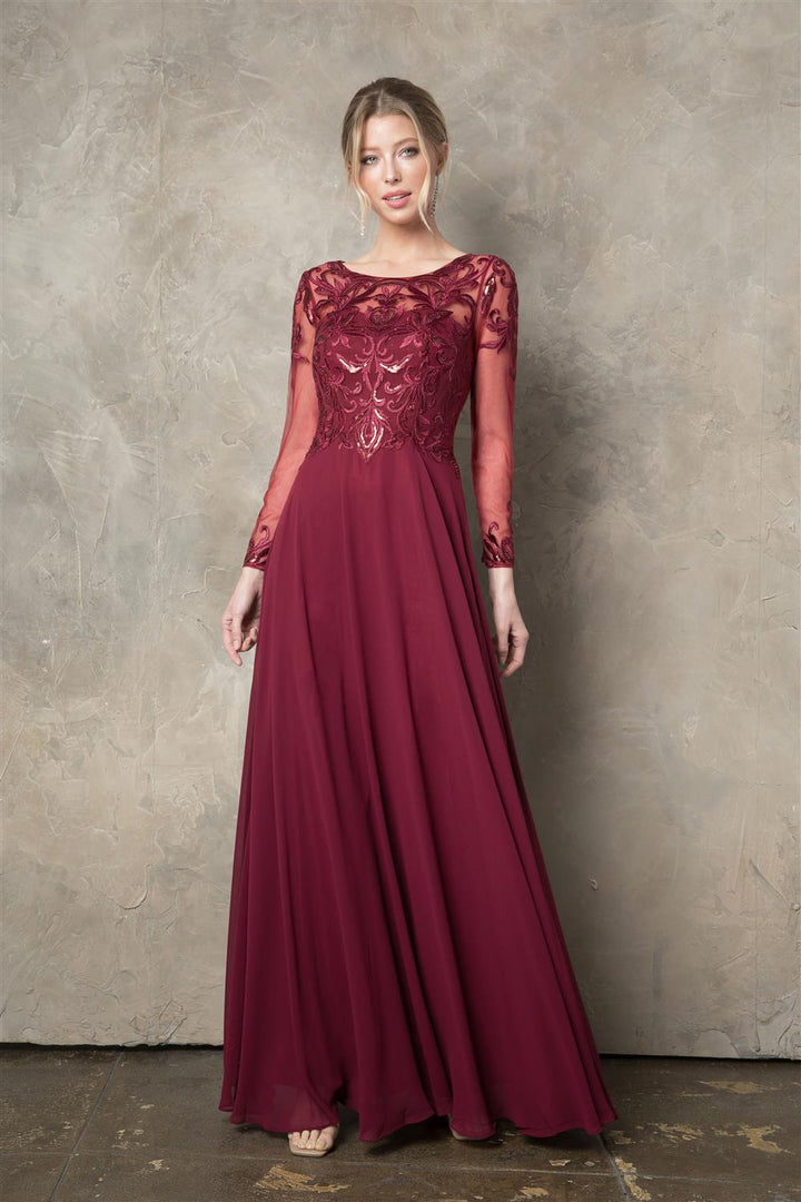 Sequin Embroidered Long Sleeve A-line Gown by Juno 0960