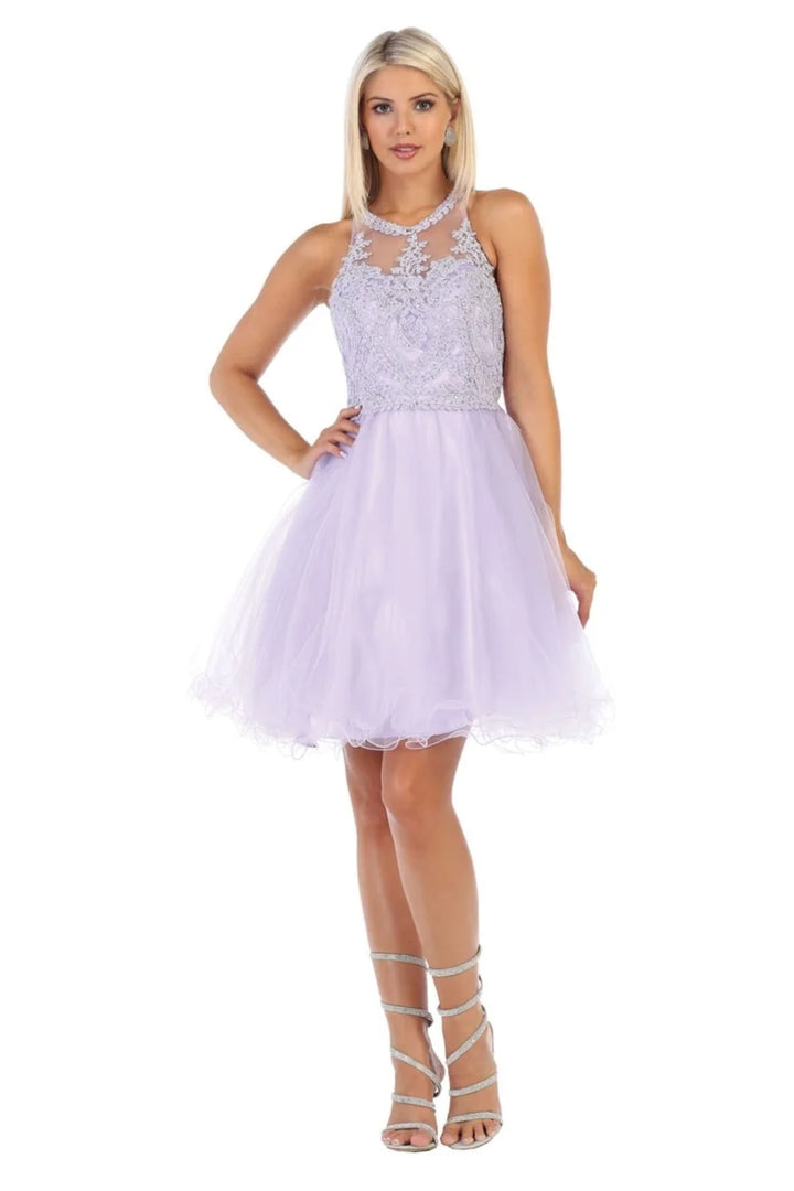 Applique Short Halter Ruffled Dress by May Queen MQ1643