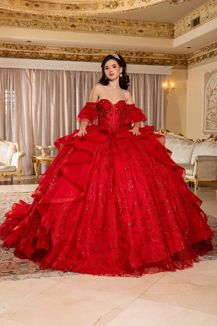 Off Shoulder Ruffled Ball Gown by May Queen LK296