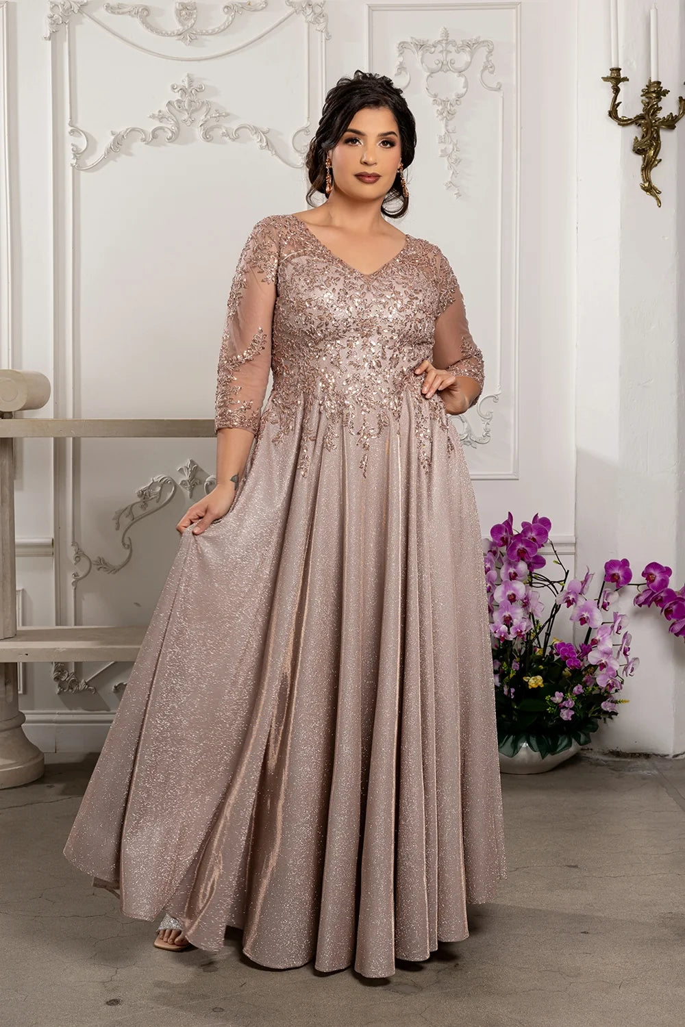 Glitter 3/4 Sleeve A-line Gown by May Queen MQ2227