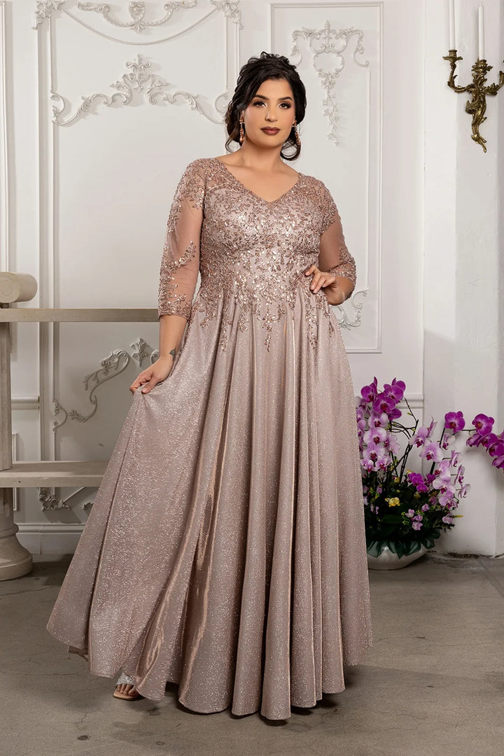 Glitter 3/4 Sleeve A-line Gown by May Queen MQ2227