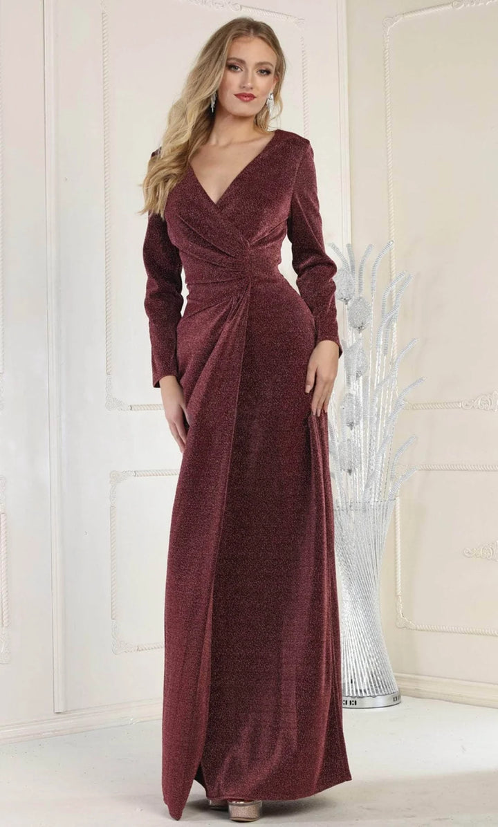 Metallic Long Sleeve Slit Gown by May Queen MQ1924