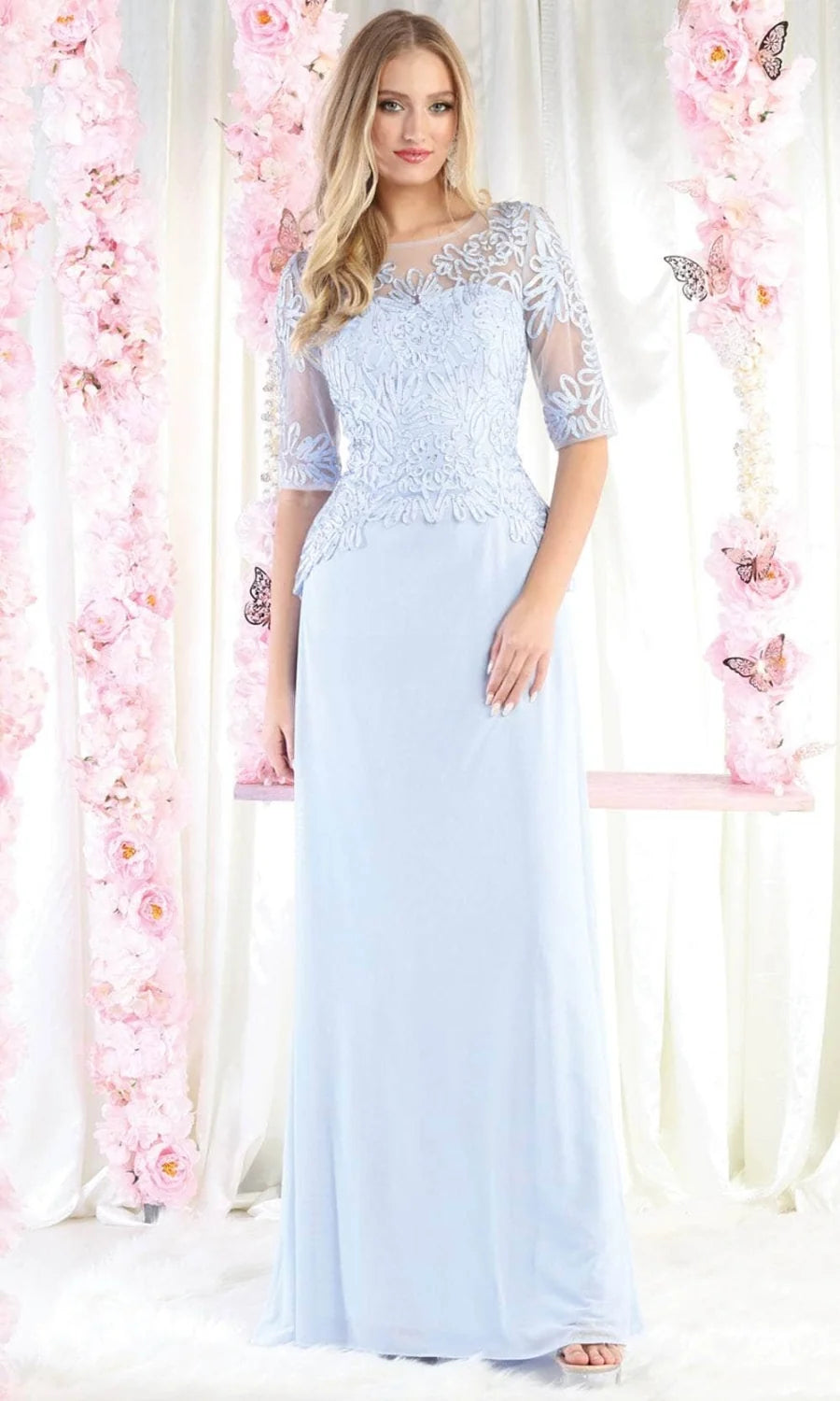 Applique Mid-Sleeve A-line Gown by May Queen MQ1979