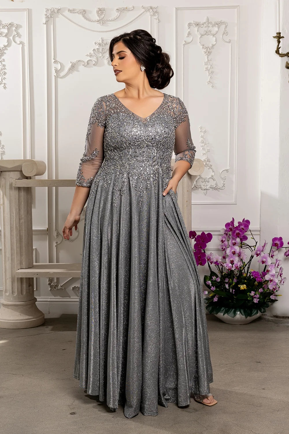 Glitter 3/4 Sleeve A-line Gown by May Queen MQ2227
