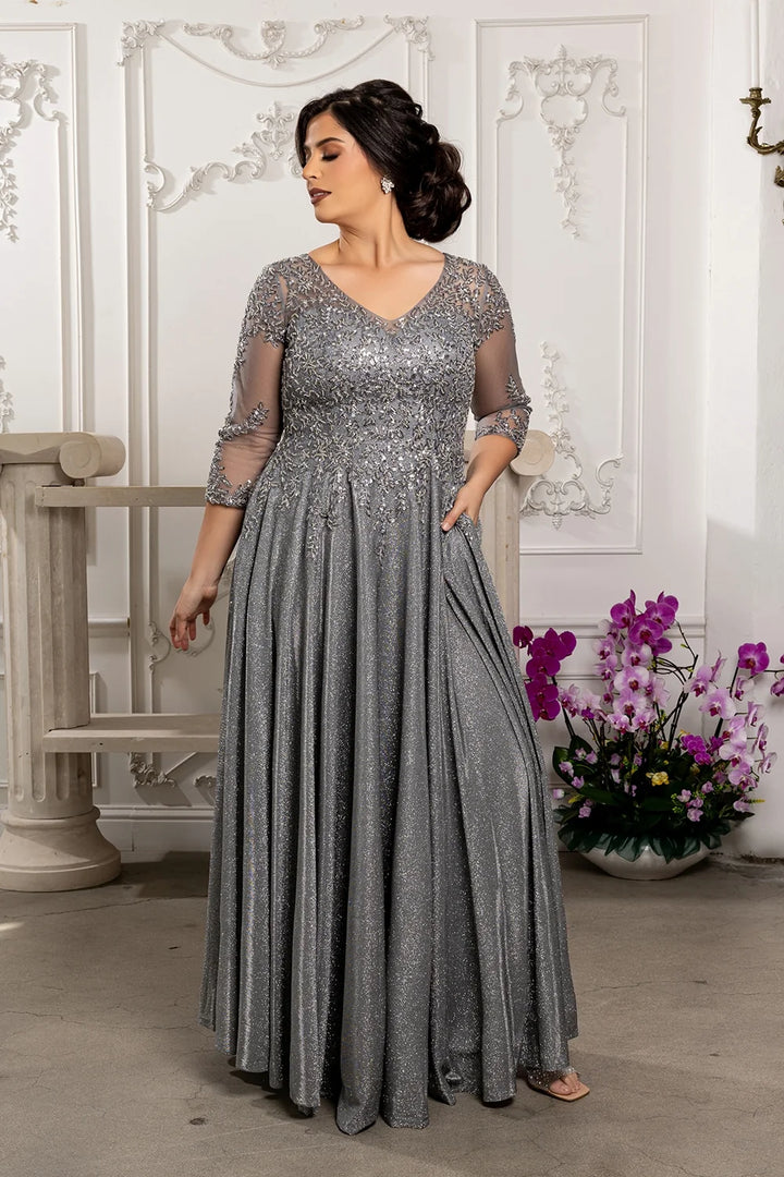 Glitter 3/4 Sleeve A-line Gown by May Queen MQ2227
