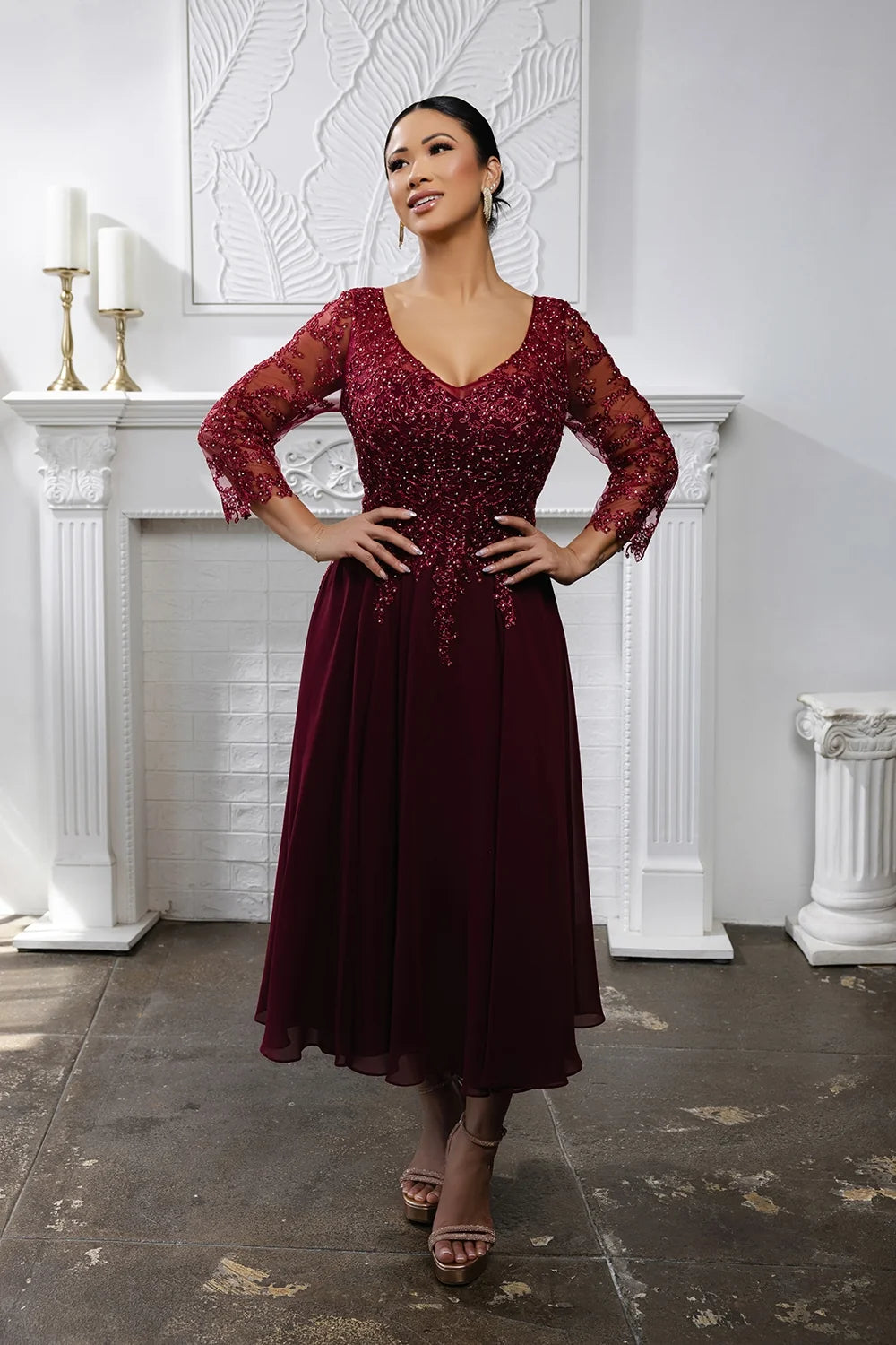 3/4 Sleeve Tea Length Dress by May Queen MQ2108
