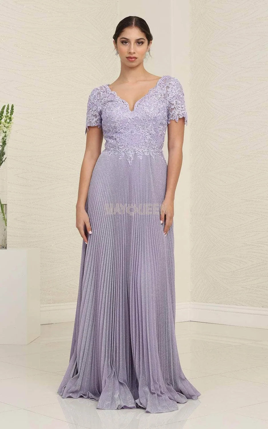 Pleated Short Sleeve A-line Gown by May Queen MQ1902