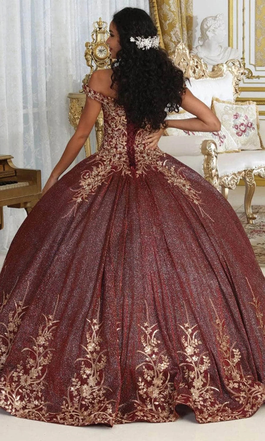 Metallic Off Shoulder Ball Gown by May Queen LK220