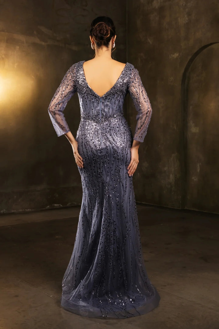 Beaded Long Sleeve Slit Gown by May Queen RQ8174