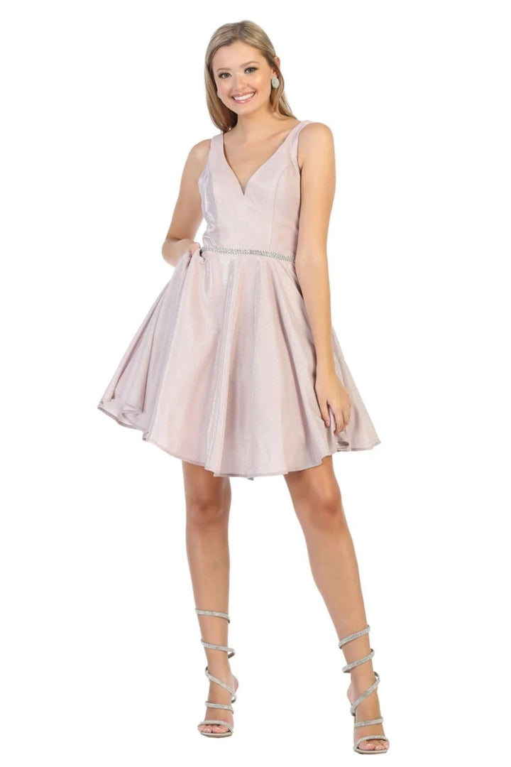 Glitter Short V-Neck A-line Dress by May Queen MQ1777