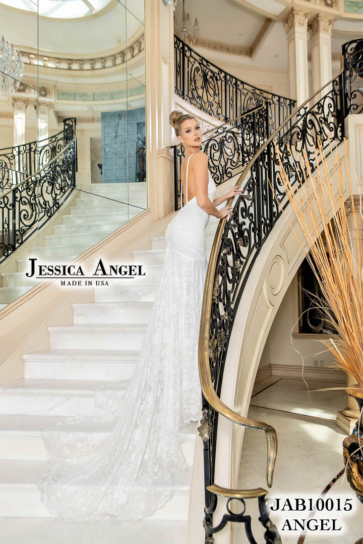 Lace V-Neck Slit Bridal Gown by Jessica Angel 10015